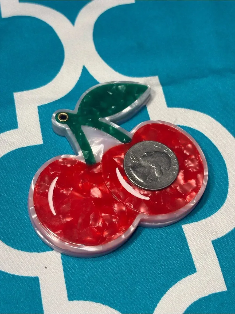 New Red Marbled Cherry Acrylic Compact Mirror with Green Leaf
